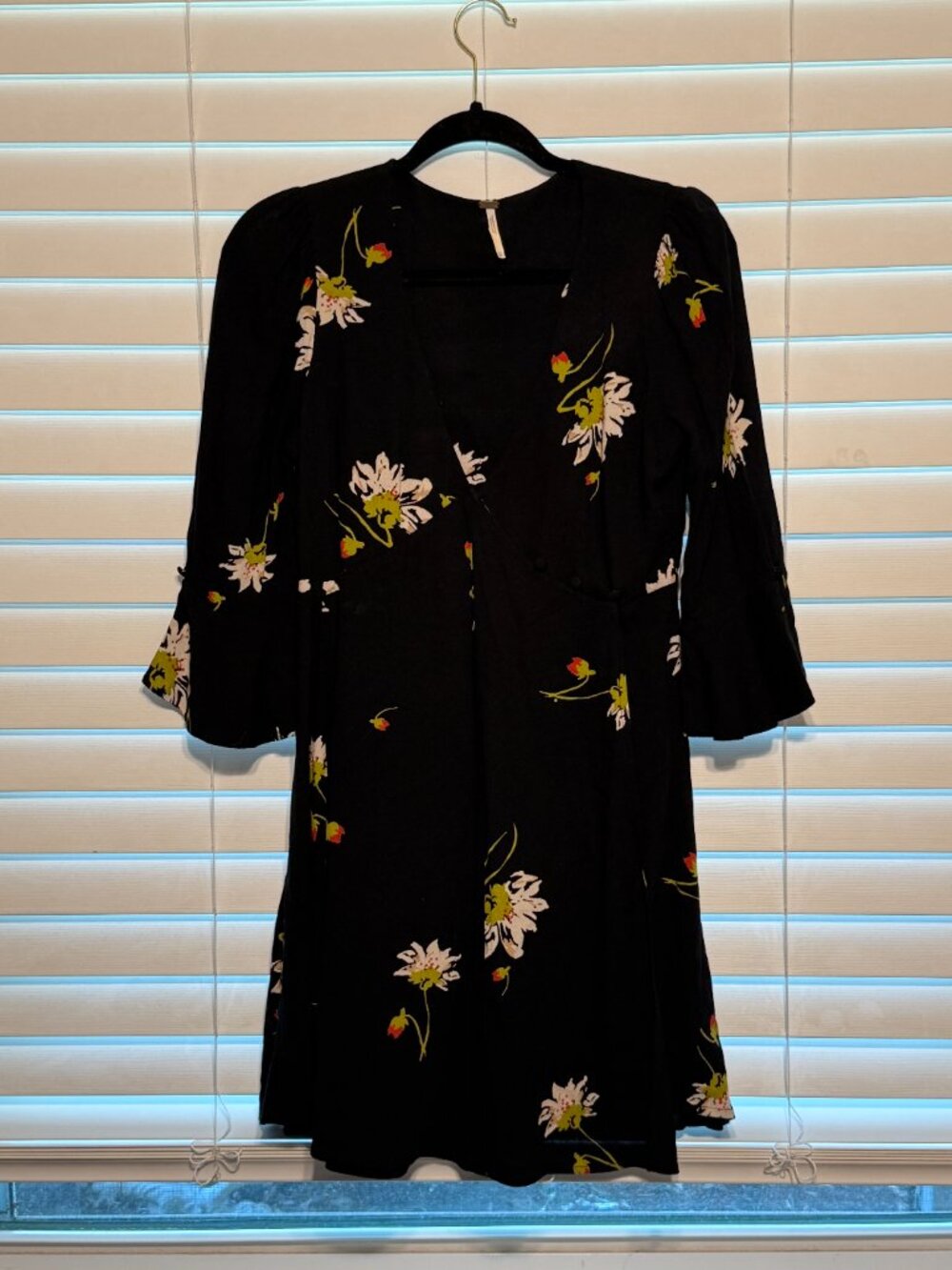 Black Floral Faux-Wrap Mini Dress With A Soft Feminine Vibe, Size XS